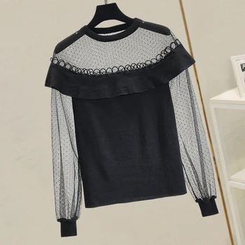 

2019 New Spring Autumn Women Basic Top Perspective Mesh Ruffles Long Sleeve Knitted Tshirts All-match Female Pullovers T-shirts