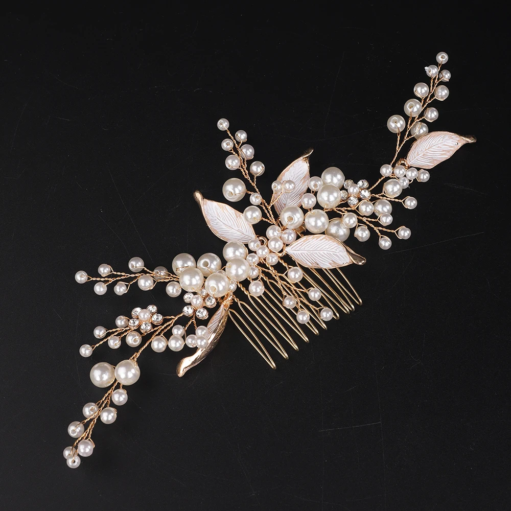 Gold Bride Headdress Elegant Women Hair Jewelry for Party Tiaras Banquet Leaves Pearls Wedding Hair Comb Accessories