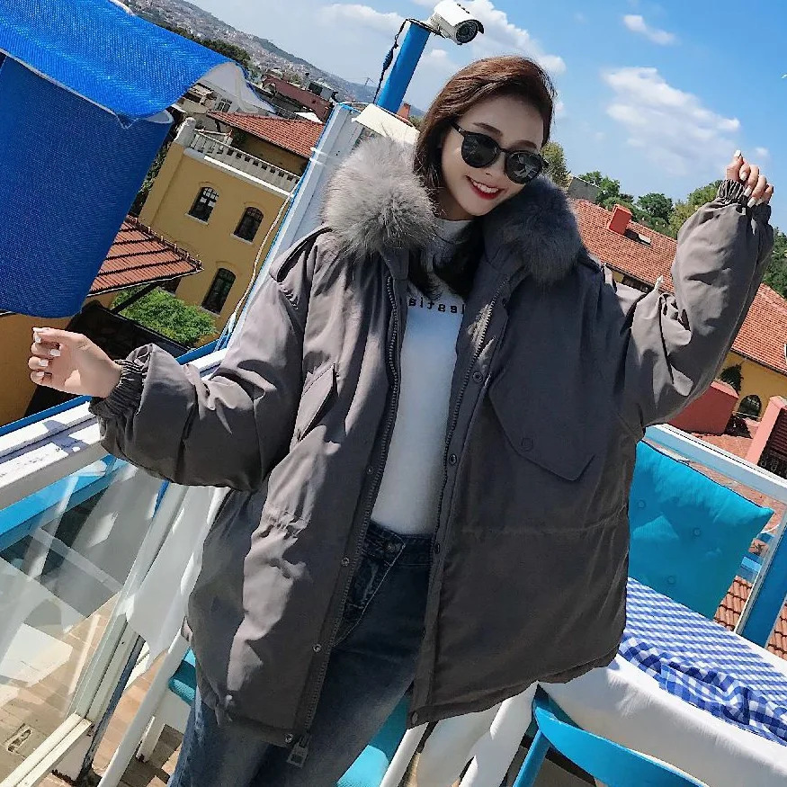 

Photo Shoot INS Sweet Apricot Drawstring Waist Hugging Workwear Cotton-padded Clothes Women's Short Hooded Large Fur Collar Thic