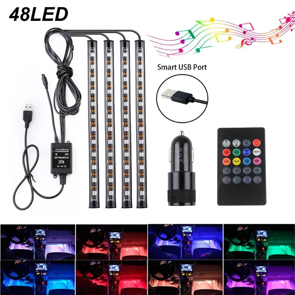 

4Pack 48 LED RGB Strip Lights for Car 5V Addressable Smart Multicolor Music Atmosphere Light LED Car Lamp with Remote Control