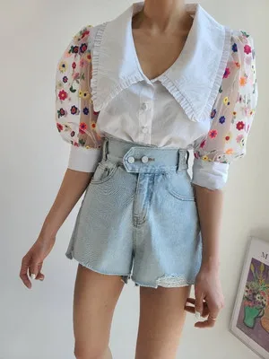 

2020 Streetwear Vintage Loose Short Denim Jeans Ripped Edges Denim Shorts Women Double Button Blue Summer Female Jeans Vs145