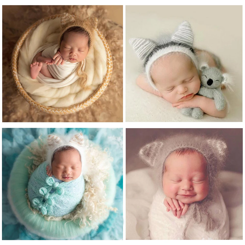 Vintage Newborn Soft Mohair Cat Ear Hat for Baby Photo Shoot Props Caps Infant Bonnet Photography Accessories | Детская одежда и