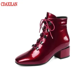 

CDAXILAN new to women's ankle boots patent leather afbric square heels cross bind Martin boot size zipper motorcycle boot winter