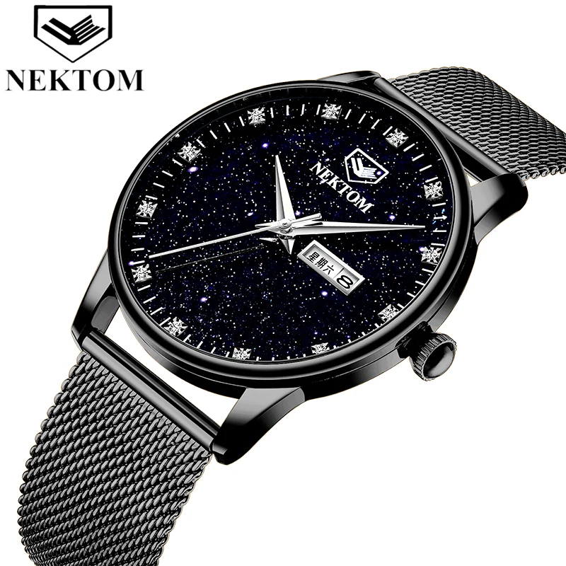 NEKTOM Mens Watches Top Brand Starry Quartz Clock Watch Men Ultra-thin Luminous Waterproof Stainless Steel Strap Wrist Watch