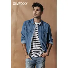Мужская джинсовая рубашка в полоску SIMWOOD, модная рубашка цвета индиго из хлопка, новая модель 190420 большого размера на осень и зиму