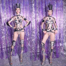 Европейский и американский дизайн комбинированной кожи Stretch Leotard Женский танец Bodysuit Outfit Bar Ночной клуб Woman Dancer Outfit NEW