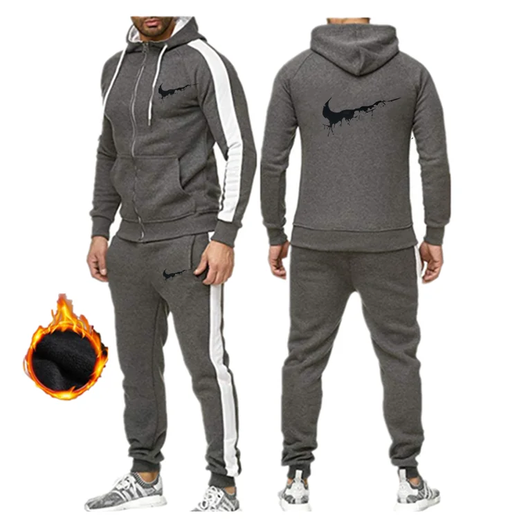 New Tracksuit Men Sporting Fleece Thick Hooded Brand-Clothing Casual Sportswear Male Jacket+Pants Warm Outside Winter Sweatshirt