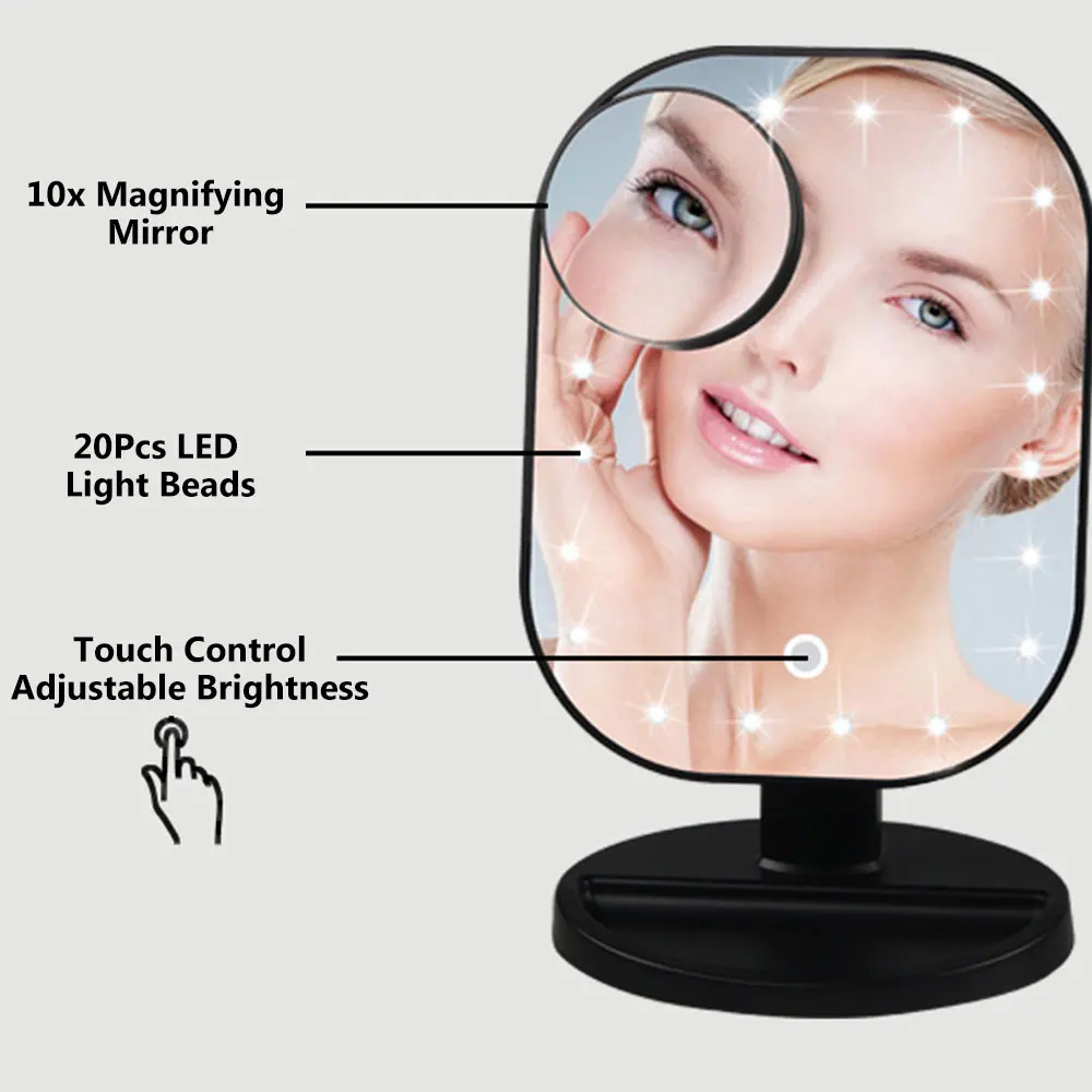 Зеркало для макияжа с светодиодный светильник Настольный 10x увеличительное 20 светодиодный s косметическое настольное зеркало с сенсорным выключателем