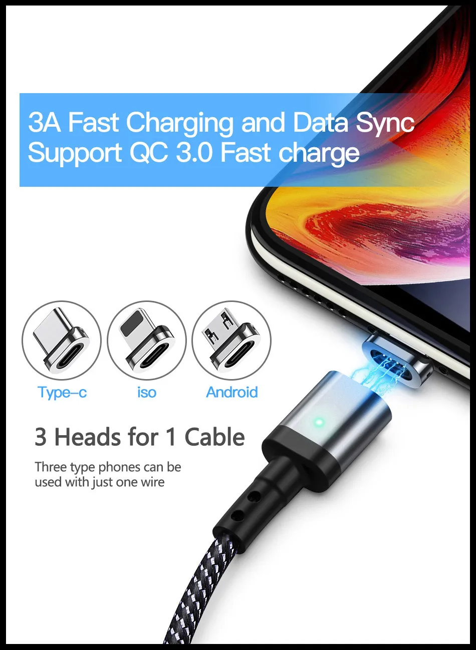 Магнитный usb-кабель для зарядки Магнитный кабель Micro usb C кабель type C Быстрая зарядка для iphone USB type-C магнитное зарядное устройство