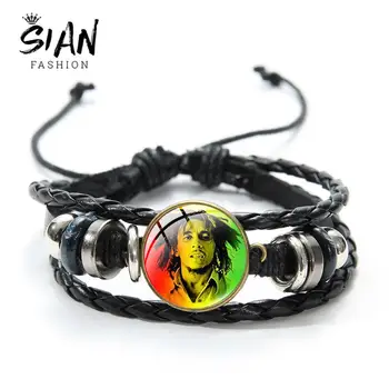 

SIAN Reggae Singer Bob Marley Bracelet Men Hot Jamaica Music Star Casual Leather Bracelets Glass Dome Multilayer Woven Wristband