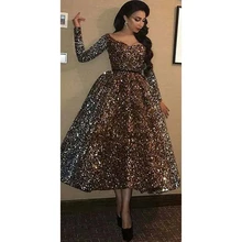 Модное бальное Вечернее платье с круглым вырезом, с длинным рукавом, с блестками, вечернее платье для выпускного вечера, элегантное платье длиной до середины икры