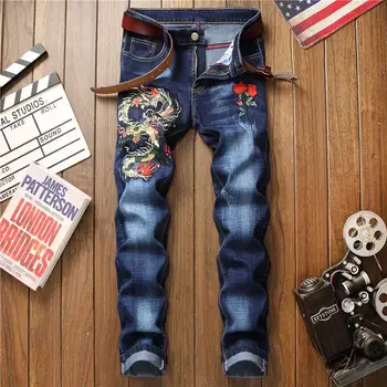 

Men's Fashion Trend Vintage Embroidered Stretch Jeans Slim Fit Denim Pants Biker Trousers