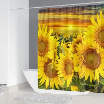 

4pcs/set Sunflower Bathroom Set Flower Scenery Waterproof Shower Curtains Sets Home, Office, School Hotel