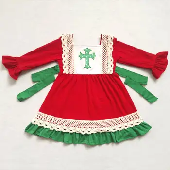 

Christmas Cross Holiday Children Girl's Clothes Embroidered Cross Holy Night Party Smocked Kids Dress