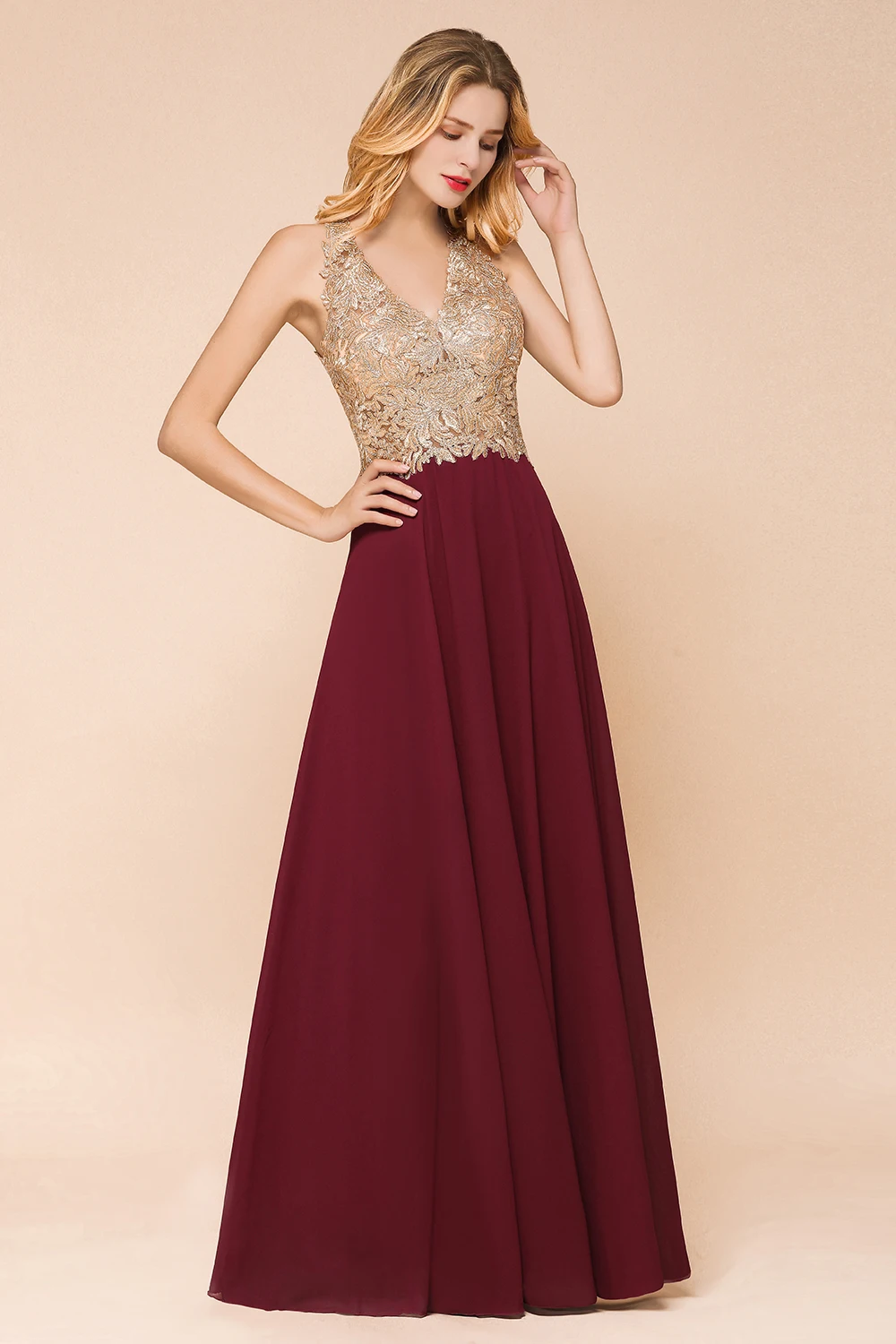 Vestidos largos длинное вечернее платье с v-образным вырезом и кружевной аппликацией, женские вечерние платья, бордовые шифоновые трапециевидные вечерние платья