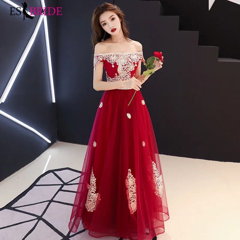 

Elegant Red Prom Dresses ES303400 Sexy Boat-neck A-line Off Shoulder Gold Appliques Evening Party Gowns Gala Jurken Dames 2019