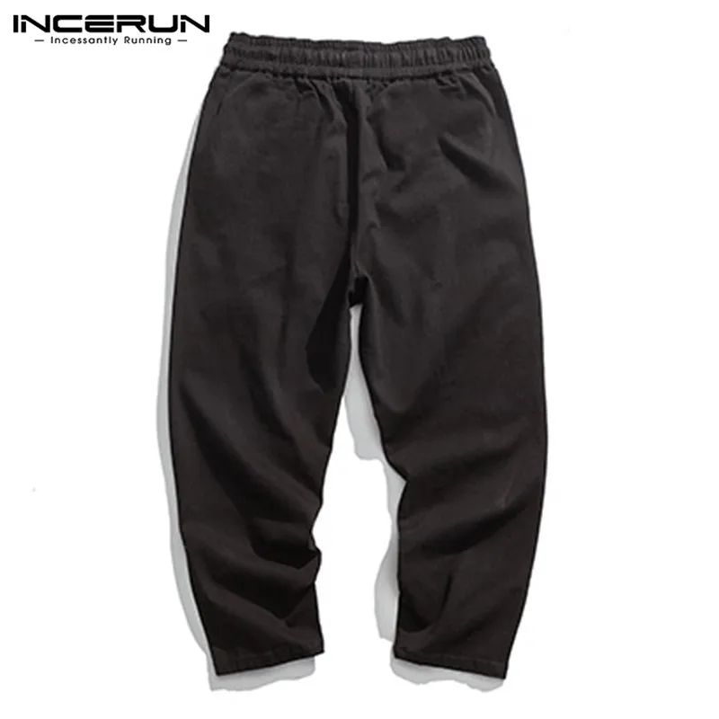 Casual Men Pants Cotton Elastic Waist Fashion High Street Baggy Classic Trousers Men Solid Pants Joggers Plus Size INCERUN