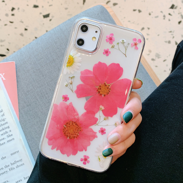 Glitter Real Dry Pressed Flower Phone Case For iphone 12 11 13 pro XS MAX x SE XR 7 8 plus Transparent Silicone Cover