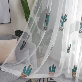 

Custom Embroidery Cactus White Translucent Tulle Curtain Sheer Voile Modern Window Screens For Children Room Cartoon Drapes445#4