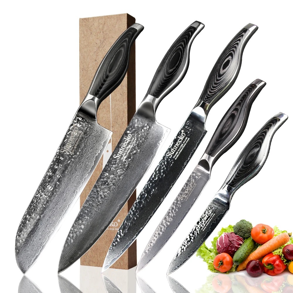 SUNNECKO 5PCS Kitchen Knives Set Sharp Chef Slicing Utility Knife 73 Layers Damascus Steel Japanese VG10 Blade Pakka Wood Handle