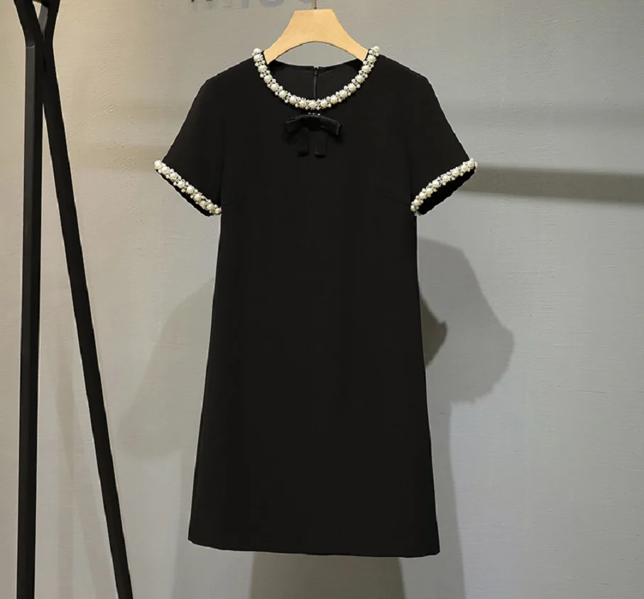 

High Quality Nail Diamond Light Luxury Simple Dress Summer Female Elegant Temperament Bow Tie Round Neck Black A-Line Skirt