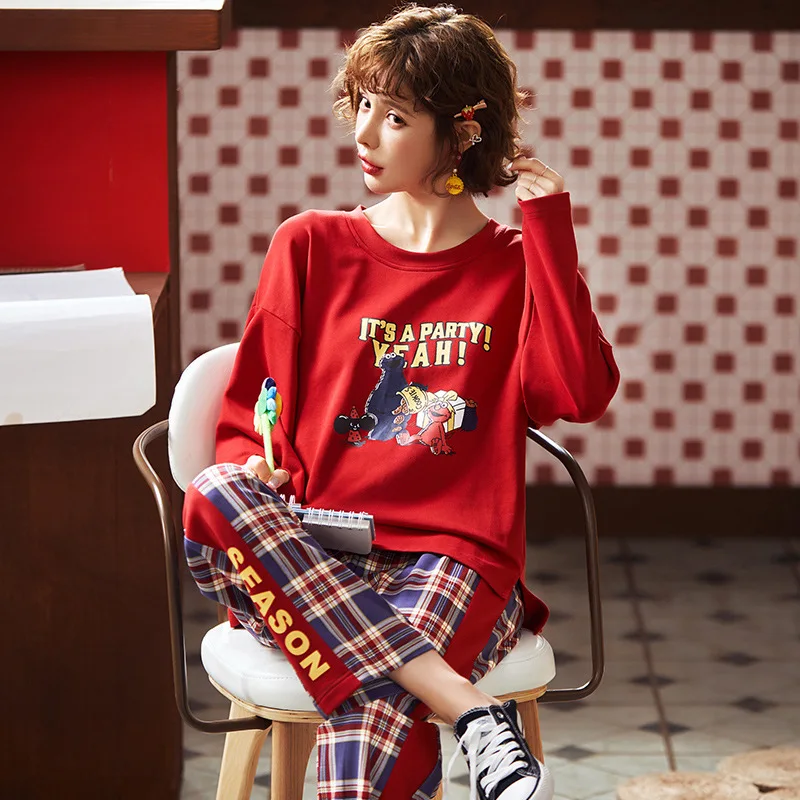 

[Beauty Dream Yee] Pajamas Women's Spring New Style Pure Cotton Long Sleeve-Go out Students All Cotton Suit Tracksuit