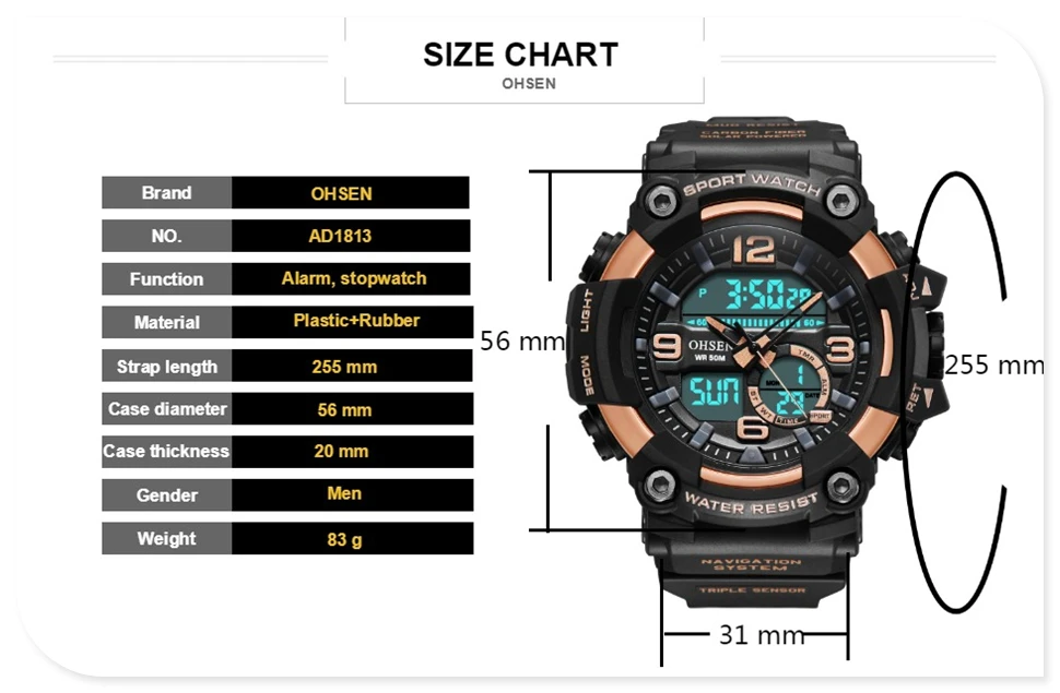 2019 мужские часы OHSEN спортивные часы водонепроницаемые 50 м наручные часы Relogio Masculino Militar AD1813 мужские часы цифровые военные армейские