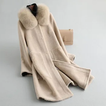 

Granular velvet coat female 2019 new fox fur collar sheep shearing long section composite one