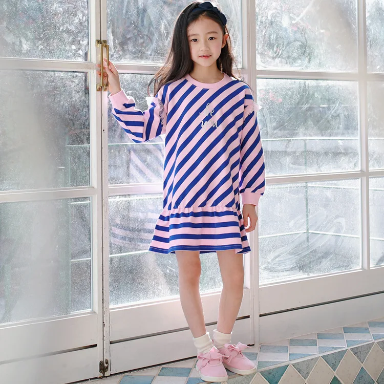 

J4288 Fashionable Mixed Colors Striped Dress Spring Girls Casual Frill Princess Skirt Joint Lace Children Shirt