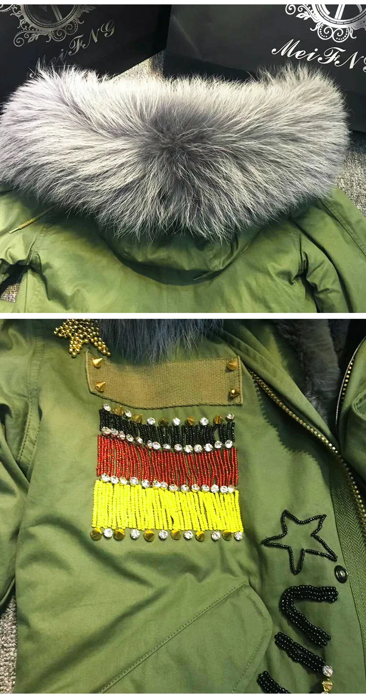 Suave Army-green парка для женщин серое пальто с воротником из натурального меха енота пальто с рисунком флага для дам куртка с подкладкой из искусственного меха