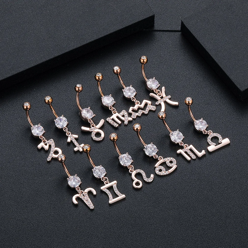 12PCS Constellations Piercing Belly Button Bars Set Navel Ring Stud for Women Surgical Steel Post Sexy Piercings Jewelry 14G