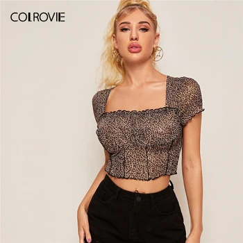 

COLROVIE Lettuce Trim Seam Front Leopard Mesh Crop Top Women T-shirts Summer Square Neck Short Sleeve Slim Fitted Sexy Tops