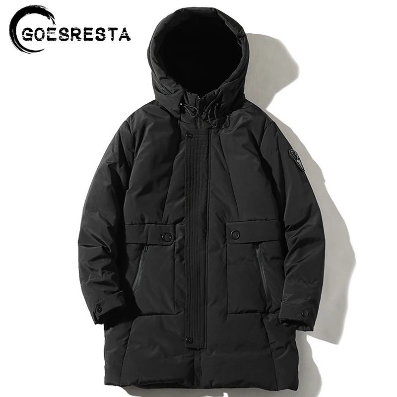 Мужская зимняя длинная куртка GOESRESTA однотонная теплая парка с капюшоном