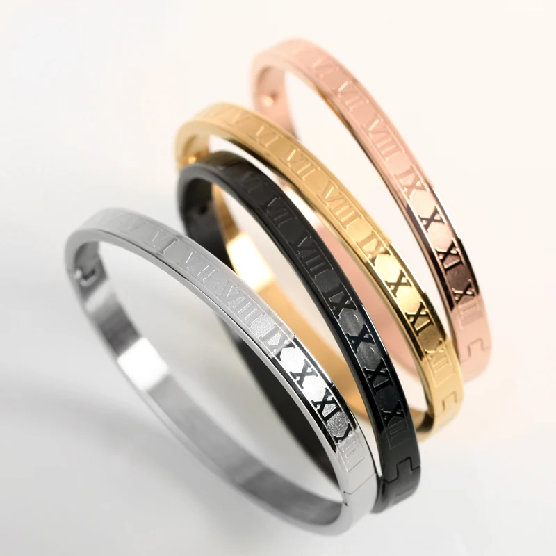 

Cuff Bracelet gold Bangle Stainless Steel Rose Gold Color Bracelet Carving Roman Numeral Classic Jewelry High Quality Cuffbangle