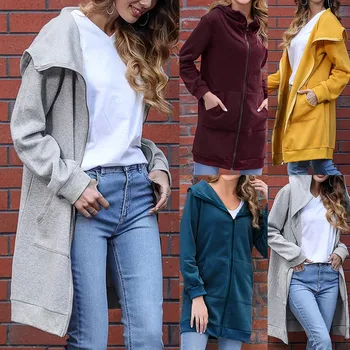 

New Coat Outerwear 2019 News Women's Fashion Women Fall Warm Solid Long-sleeved Cap Sweatshirt Long Jacket Coat