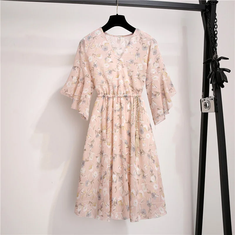 

Dresses Sweet Ruffle Sleeeve Slim New Casual Drawstring Women Dress Spring Summer Chiffon Dress Women Knee Length V-Neck Print