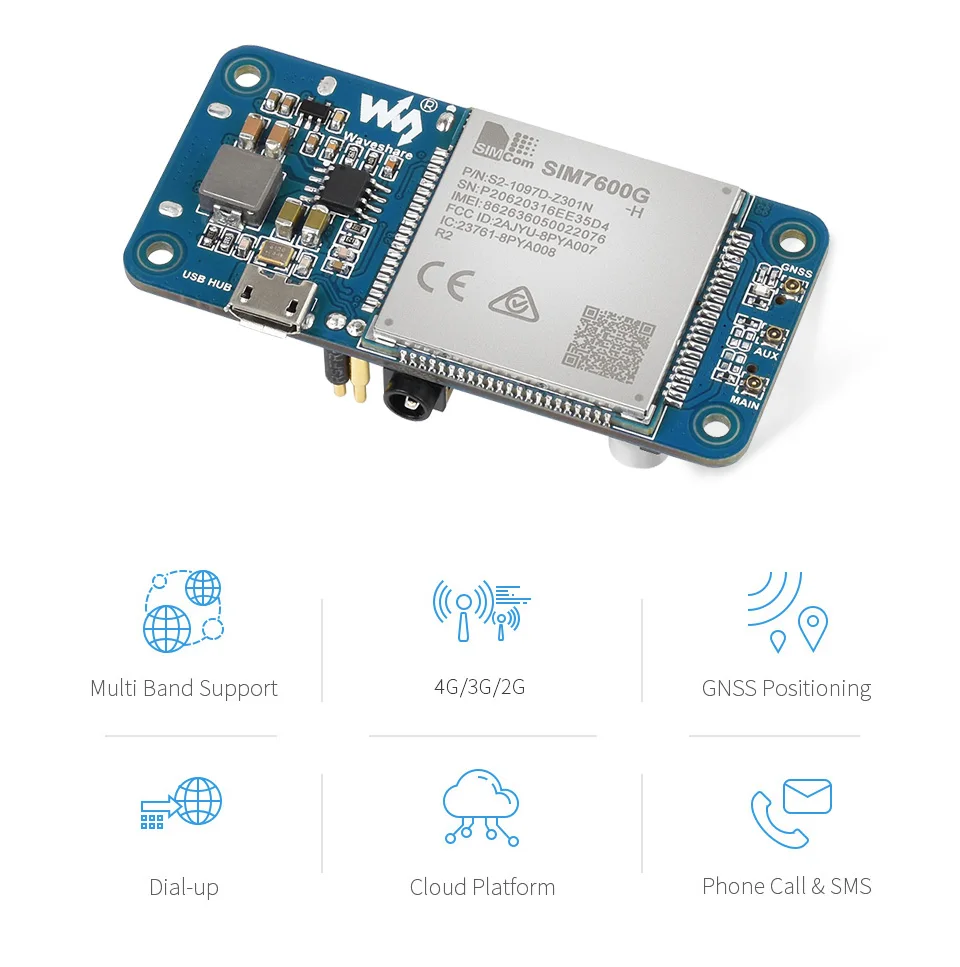 

Global Band SIM7600G-H 4G Lte HAT for Raspberry Pi 4/ 3/ Zero LTE Cat-4 4G / 3G / 2G Supports GNSS Positioning