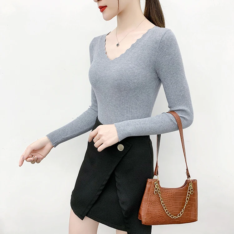 

2020 New Autumn Winter Sweater Women Solid Knitted Sweater Pullovers Long Sleeve Tops Wave Cut V-Neck Basic Office