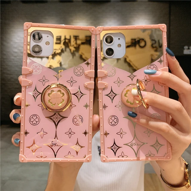 Luxury Square Mirror Pink Phone Case For iPhone 13 12 11 Pro XS Max XR X 10  7 8 Plus Hot Fashion Ring Holder Stand Cover Coque - AliExpress