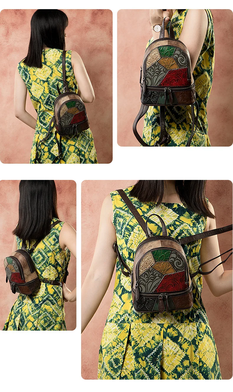 Многоцветный мини-рюкзак для женщин, случайный лоскутный винтажный стиль, женский рюкзак высокого качества из натуральной кожи, маленький размер, сумка