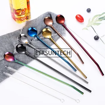 

100pcs 7 Colors 304 Stainless Steel Long Metal Drinking Straw Spoon Tea Coffee Bar Kitchen Party Drink Accessories Length 215mm