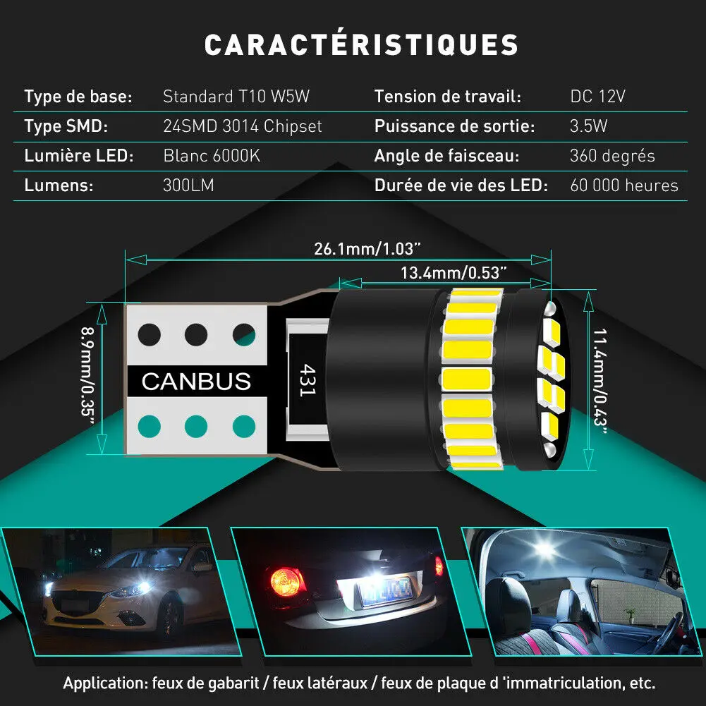 4 шт. T10 194 светодиодный светильник лампы 3014 24SMD ошибок W5W 168 светодиодный лампы объектив 12V 6000K