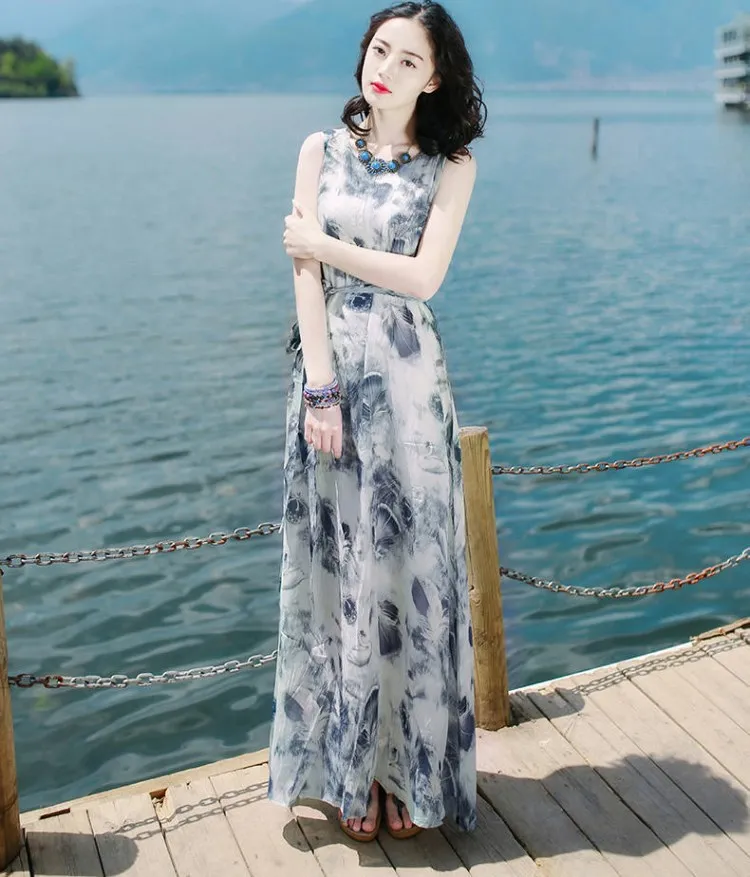 

Spring And Summer Europe And America Elegant Waist Short Sleeve Slim Fit Slimming Sky Blue Exta-long Dress