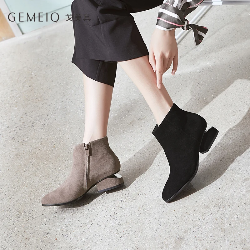 

GEMEIQ Genuine dermal Cow Suede Side Zipper Short Boot Female British Wind 2019 Winter New Boots Metal Decorative Boots