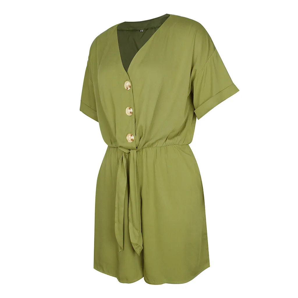 Jaycosin Fashion Summer Women Casual Solid V-Neck Button Wild Stylish Short Sleeve Comfortable Playsuit Casual Short Jumpsuit311
