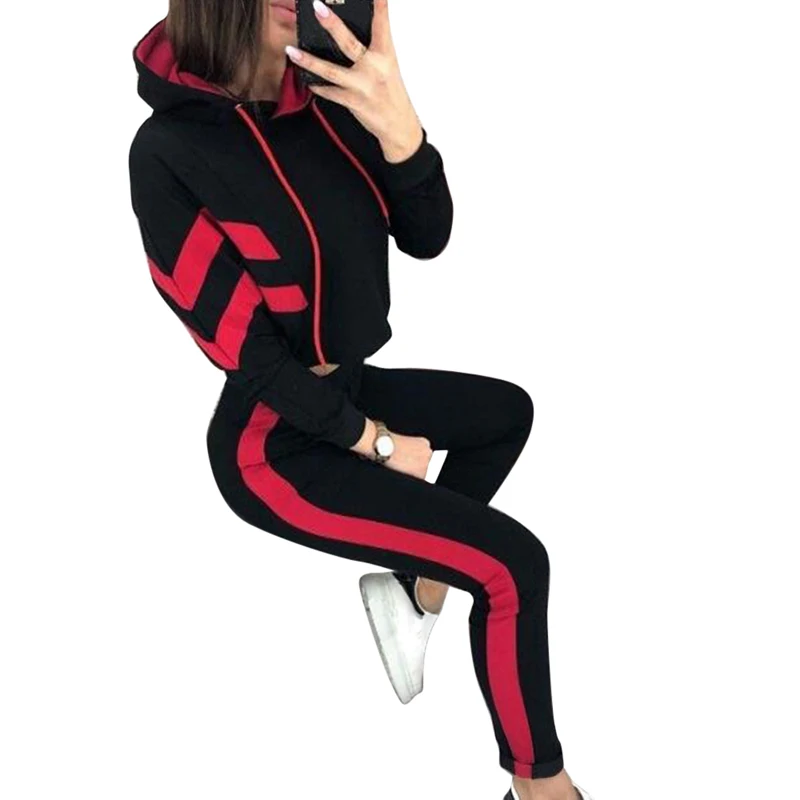 red Vertvie женский спортивный костюм с капюшоном, осень, спортивный костюм с длинным рукавом, комплект из 2 предметов, модная одежда в полоску, спортивная одежда - Цвет: red