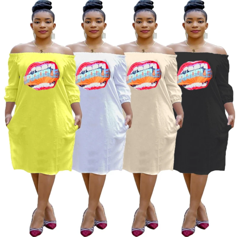 

Cartoon Printed Maxi Tshirt Dress Knee Length Slash Neck Robe Longue Femme Backless Off Shoulder Ropa Mujer Loose Casual Bestido