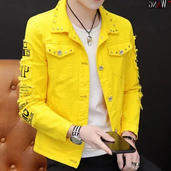 

2020 Autumn New Men's Jean Jacket Slim Fit Cotton Denim Jacket Red White Black Ripped Hole Jean Jackets Men Cowboy Youth Men 3XL