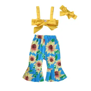 

3 PCS Summer Baby Girl Solid Color Sleeveless Sling Top Sunflower Print Trousers + Headband Kit Kids Clothes Set