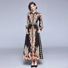 Ozhouzhan осеннее Новое Стильное женское платье дворцового стиля с принтом, длинный рукав, отложной воротник, длинное ТРАПЕЦИЕВИДНОЕ ПЛАТЬЕ